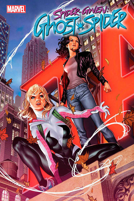 Comic book cover featuring Spider-Gwen in costume and another woman in casual attire against a city backdrop with the title "Spider-Gwen: Ghost-Spider."