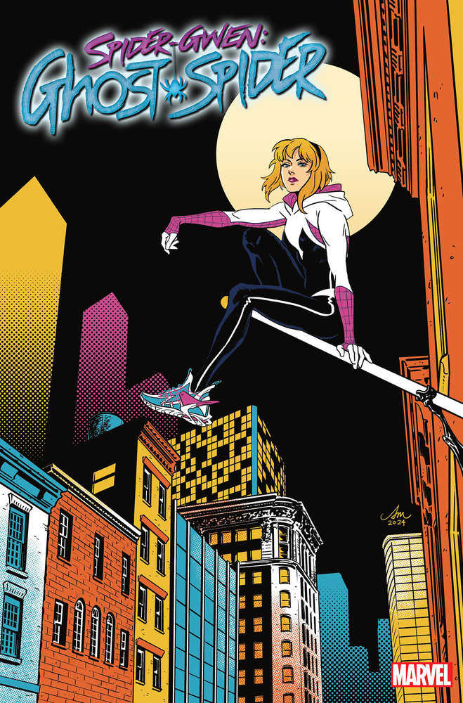 Comic book cover featuring Spider-Gwen sitting on a pole in an urban setting.