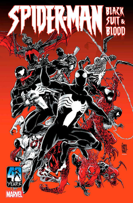 Comic book cover art with black suit Spider-Man jumping in front of Venom, Carnage, and other symbiotes against a red background.