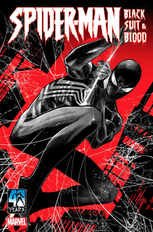 Spider-Man Black Suit & Blood comic book cover featuring the black suit version of Spider-Man with a red and black background.