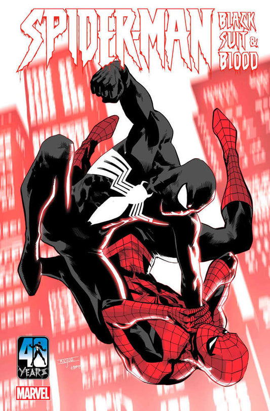 Comic book cover featuring Spider-Man in black suit battling red-suited Spider-Man, against a red and white building backdrop.