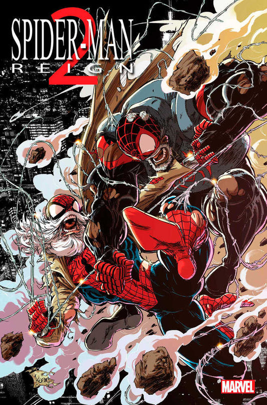 Comic book cover featuring three Spider-Man variations mid-action. One is an older Peter Parker with white hair, another is Miles Morales, and a third classic red and blue Spider-Man. The background features a city skyline.