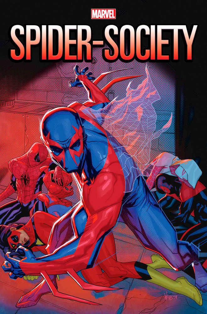 Comic book cover art: Spider-Society with Spider-Man 2099, Spider-Ham, Spider-Woman, Miles Morales, and Ghost-Spider.