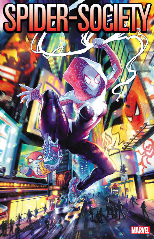 Comic book cover featuring Spider-Gwen swinging through a colorful city.