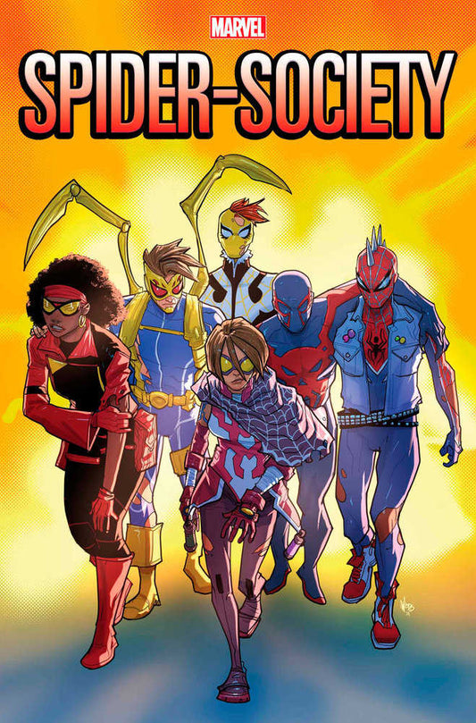 Comic book cover of "Spider-Society," featuring six superhero figures in costumes.