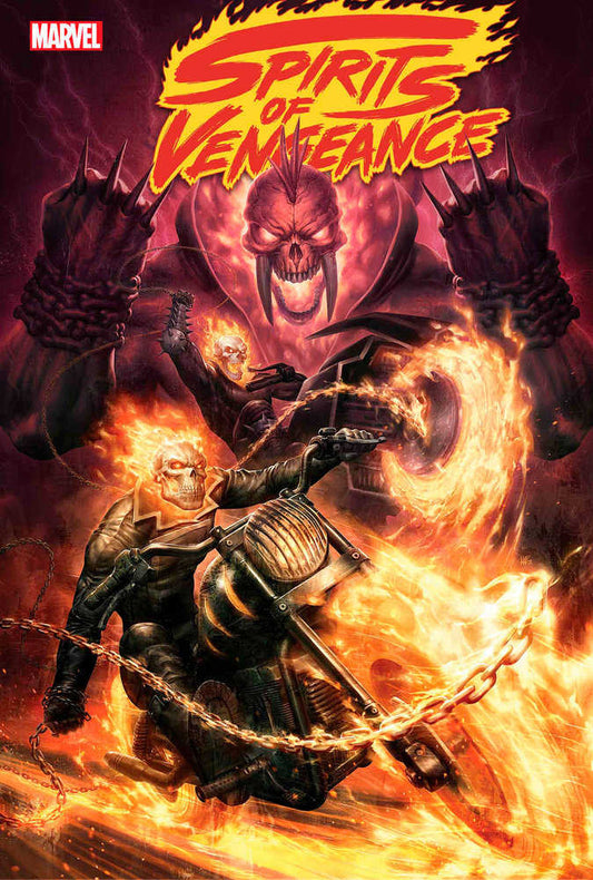 Comic book cover featuring two Ghost Riders on flaming motorcycles, a monstrous figure in the background, with the title "Spirits of Vengeance" above.