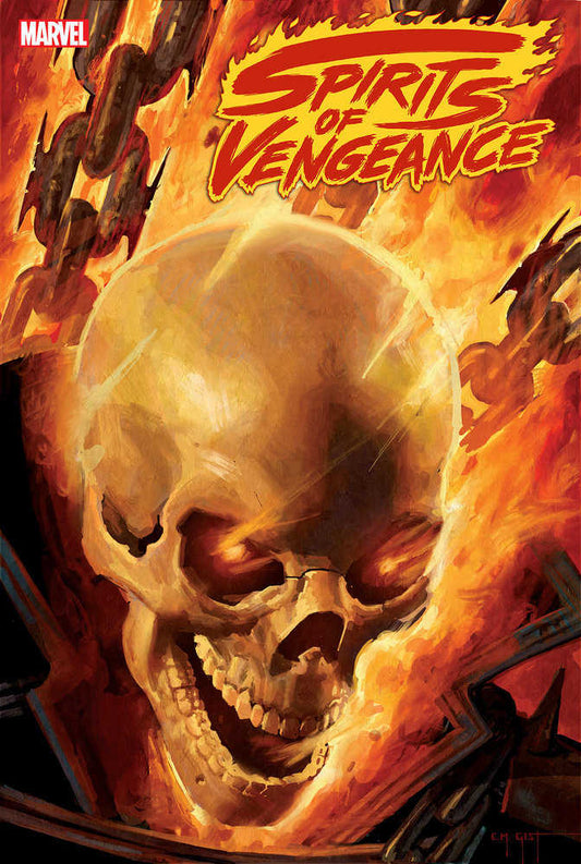 Comic book cover featuring a flaming skull with glowing red eyes and an open mouth, against a backdrop of orange flames and chains. "Spirits of Vengeance" is written in yellow letters above the skull. The Marvel logo is in the upper left.