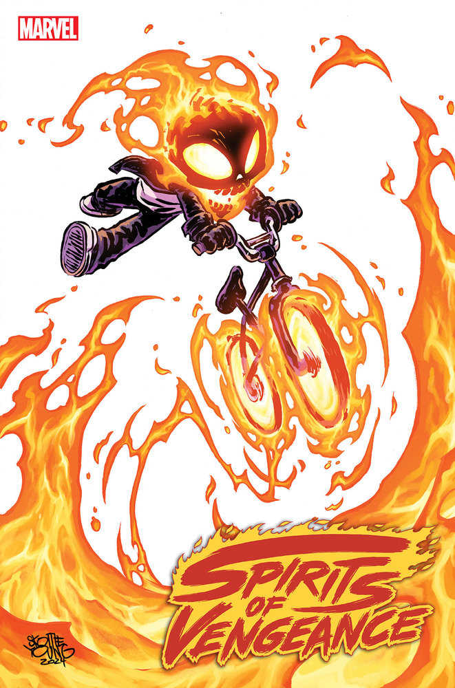 Animated Ghost Rider with a flaming skull head on a bicycle engulfed in flames. "Spirits of Vengeance" logo on the bottom.