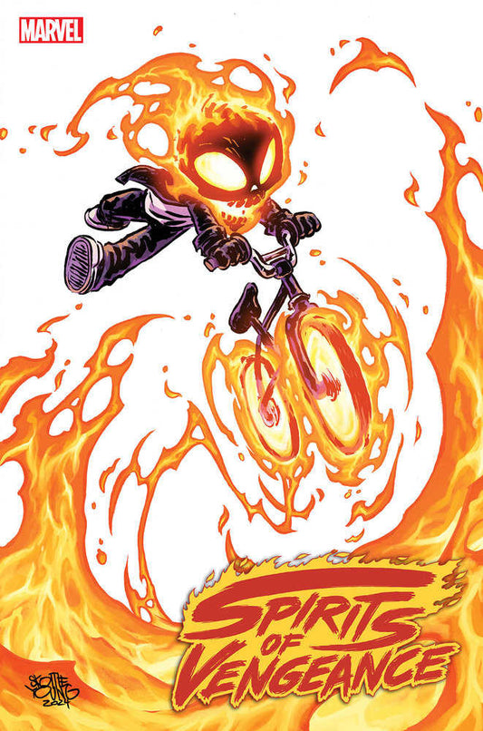 Animated Ghost Rider with a flaming skull head on a bicycle engulfed in flames. "Spirits of Vengeance" logo on the bottom.