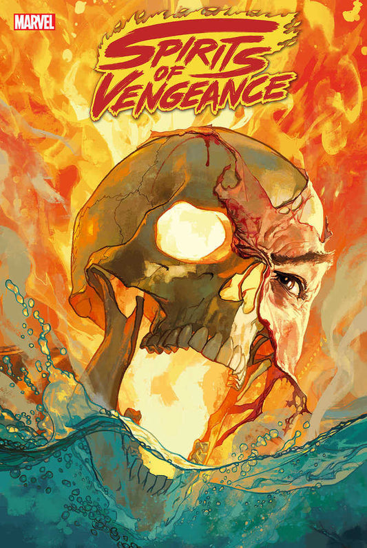 Comic book cover featuring a skull and half-face emerging from water with fire in the background.