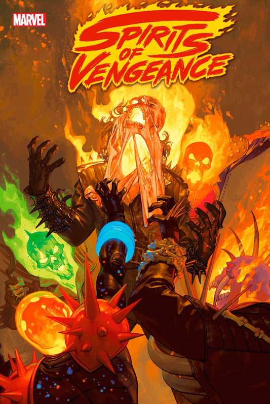 Comic book cover featuring Ghost Rider characters surrounded by flames.