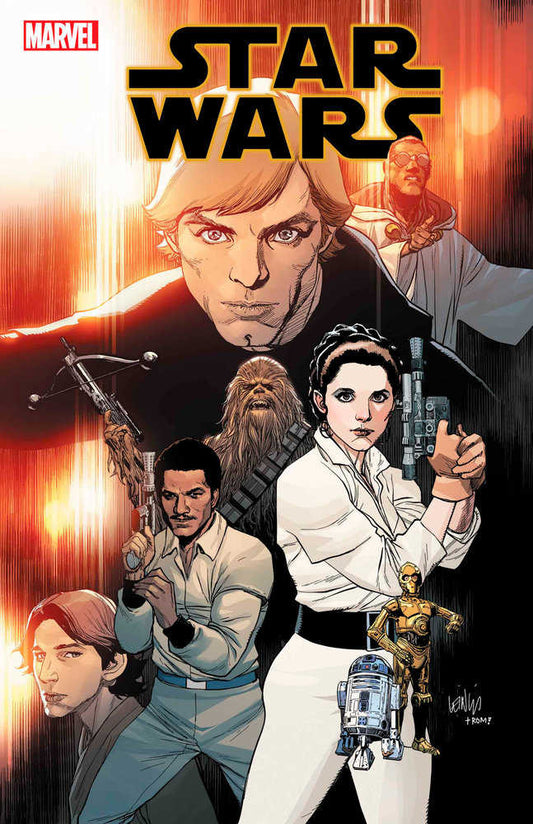 Comic book cover with Luke Skywalker, Leia, Chewbacca, Lando, Han Solo, R2-D2, and C-3PO.