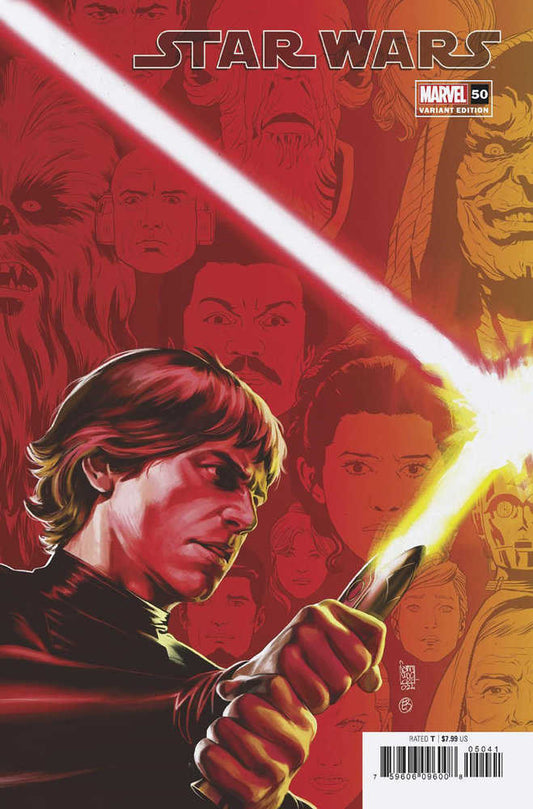 Comic book cover featuring Luke Skywalker holding a lightsaber, surrounded by Star Wars characters on a red background.