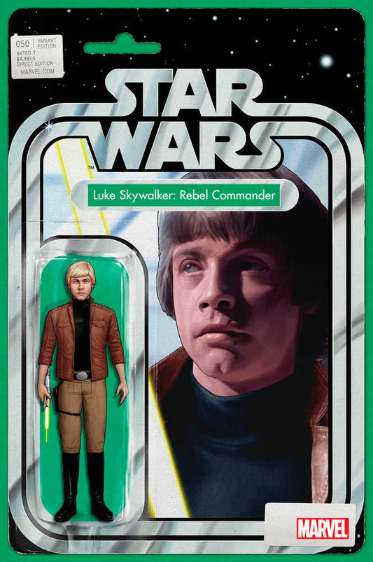 Star Wars comic book cover featuring Luke Skywalker: Rebel Commander action figure in vintage-style packaging.