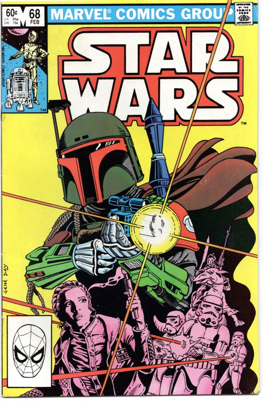 The cover of a Star Wars comic book issue number 68 features a prominently illustrated Boba Fett aiming a weapon, Princess Leia, stormtroopers, and other characters on a yellow background.