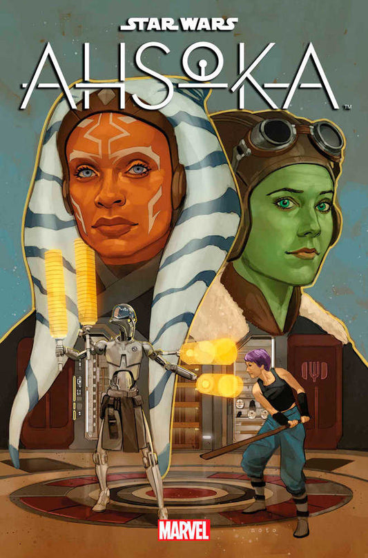 Comic book cover art for Star Wars: Ahsoka, featuring Ahsoka Tano, Hera Syndulla, a droid holding lightsabers, and Sabine Wren.