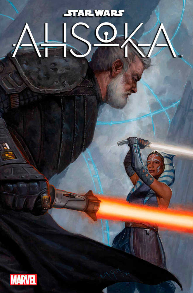 Comic book cover featuring Ahsoka Tano battling an older character wielding an orange lightsaber. Ahsoka uses white lightsabers. Marvel logo displayed at bottom left.