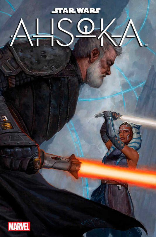 Comic book cover featuring Ahsoka Tano battling an older character wielding an orange lightsaber. Ahsoka uses white lightsabers. Marvel logo displayed at bottom left.