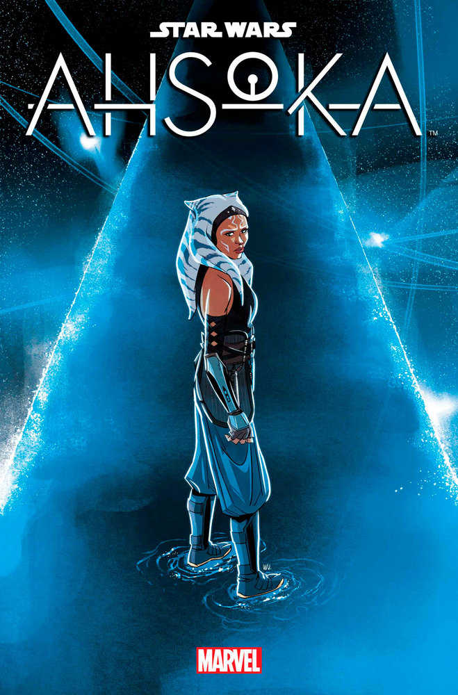 Animated-style comic book cover featuring Ahsoka Tano standing in water with glowing blue background.