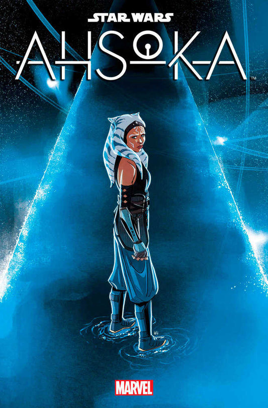 Animated-style comic book cover featuring Ahsoka Tano standing in water with glowing blue background.