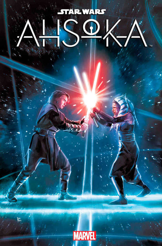 "Ahsoka" comic book cover with Anakin and Ahsoka wielding lightsabers.