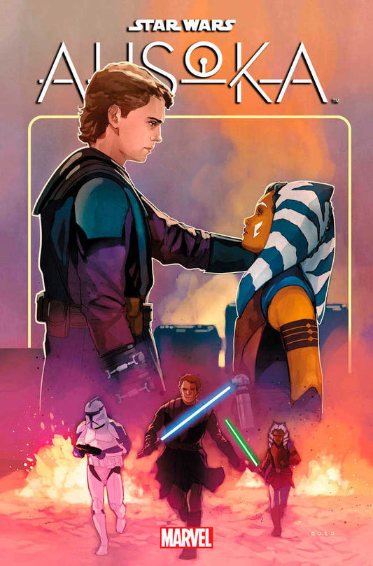 Comic book cover for "Star Wars: Ahsoka" featuring Anakin Skywalker and Ahsoka Tano. Below, running figures of Anakin Skywalker with blue lightsaber, Ahsoka Tano with green lightsaber, and a white-armored clone trooper.  "Marvel" logo at the bottom.