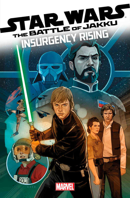 Star Wars: The Battle of Jakku comic book cover. Luke Skywalker with lightsaber, Leia, Han Solo, an Imperial officer, and a fighter pilot are featured.