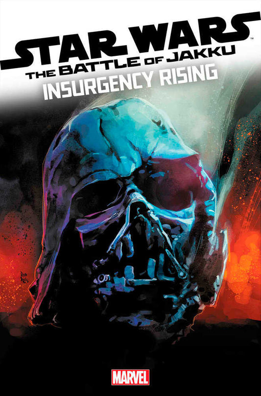 Comic book cover: "Star Wars: The Battle of Jakku - Insurgency Rising."  Darth Vader's damaged helmet, predominantly blue and black, set against a red and orange background. Marvel logo at the bottom.
