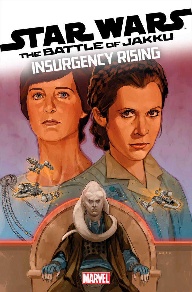 Comic book cover featuring Mon Mothma, Leia, and a Twi'lek character, "Star Wars, The Battle of Jakku, Insurgency Rising" title, spaceships, the Marvel logo.
