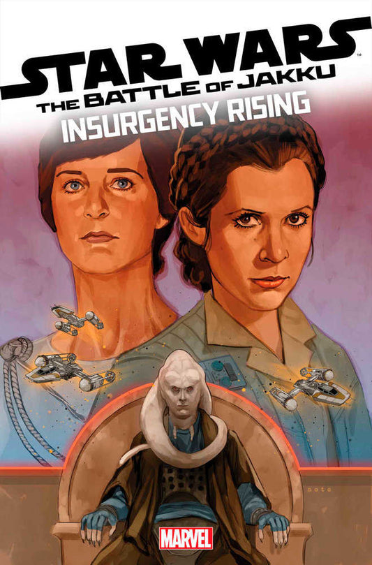 Comic book cover featuring Mon Mothma, Leia, and a Twi'lek character, "Star Wars, The Battle of Jakku, Insurgency Rising" title, spaceships, the Marvel logo.

