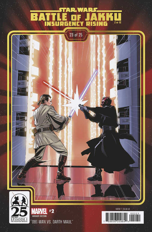 Comic book cover: Obi-Wan Kenobi and Darth Maul lightsaber duel.