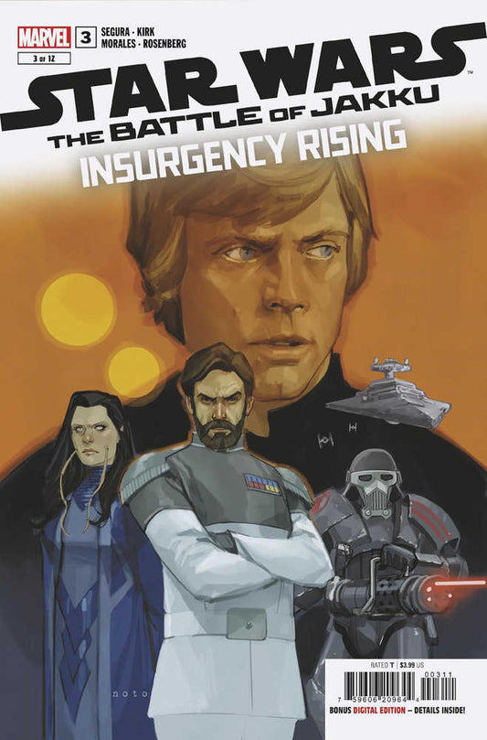 Comic book cover with "Star Wars: The Battle of Jakku: Insurgency Rising," featuring Luke Skywalker, Imperial officers, and a stormtrooper, against a warm-toned background.
