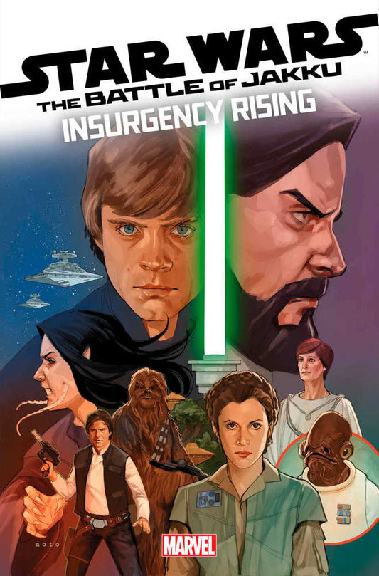 Comic book cover art: Star Wars: The Battle of Jakku; Insurgency Rising. Luke Skywalker, Han Solo, Princess Leia, and Chewbacca are featured along with Admiral Ackbar. A lightsaber stands between Skywalker and a bearded man in a hood.
