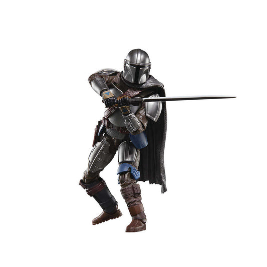Mandalorian action figure with cape and Darksaber.
