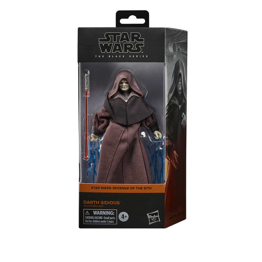 A boxed Darth Sidious action figure from the Star Wars Black Series.