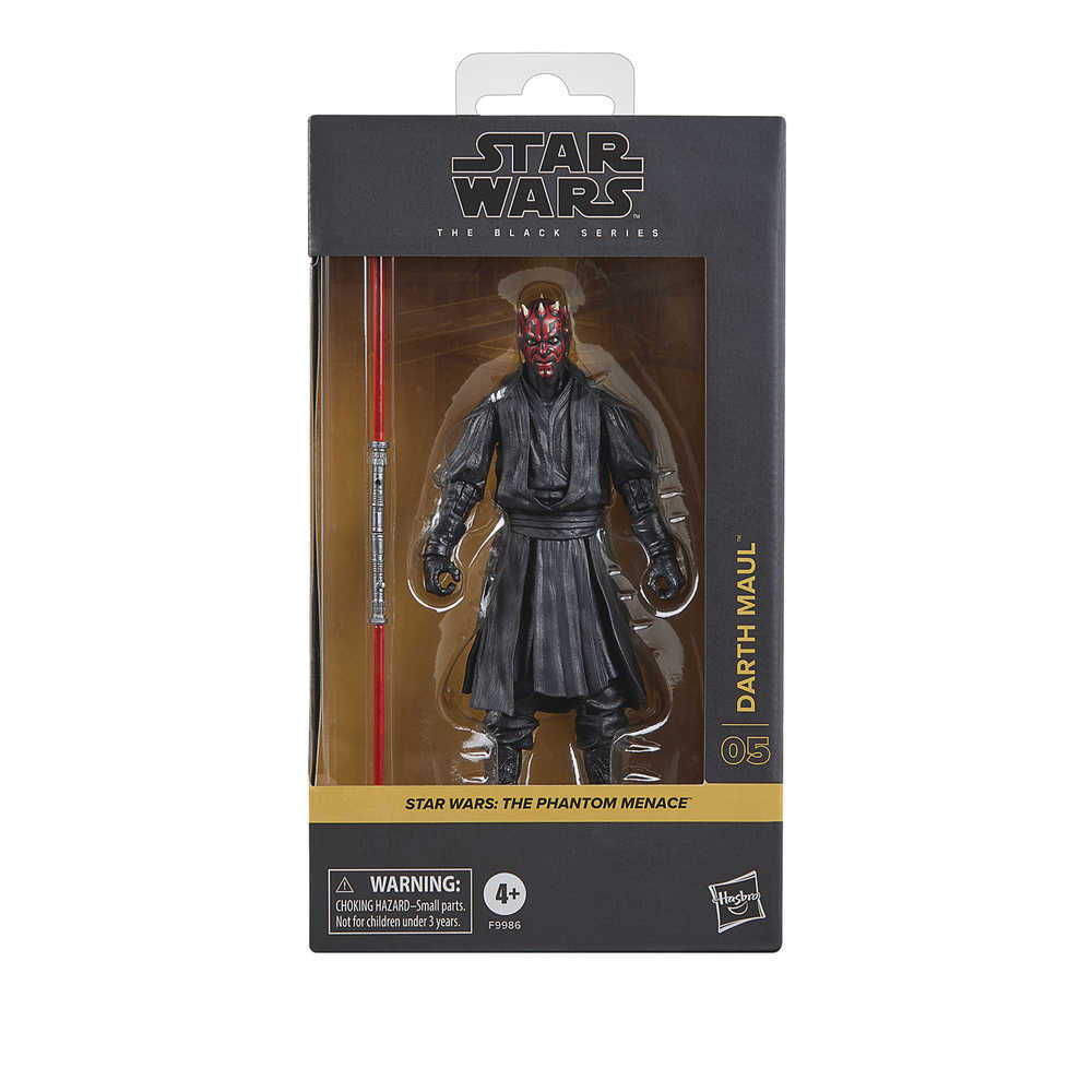 Action figure of Darth Maul in black packaging with a window, holding a red lightsaber.