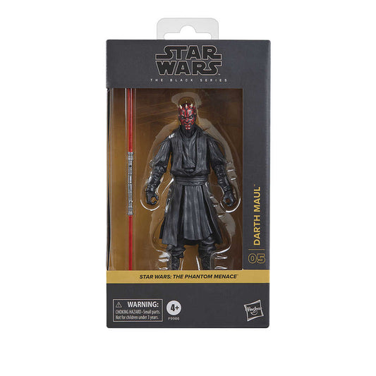 Action figure of Darth Maul in black packaging with a window, holding a red lightsaber.