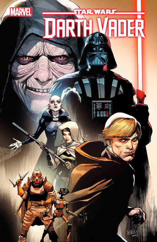 Comic book cover art for Star Wars: Darth Vader. Includes Emperor Palpatine, Darth Vader, Luke Skywalker, and various other characters.