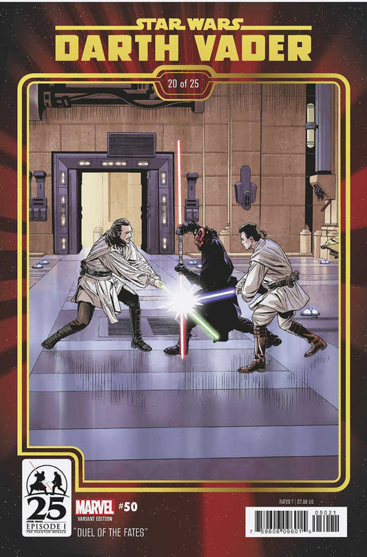 Comic book cover: "Star Wars Darth Vader" featuring Qui-Gon Jinn, Obi-Wan Kenobi, and Darth Maul lightsaber duel.