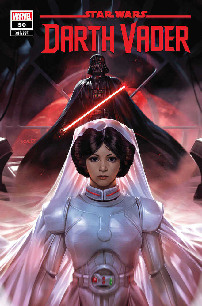 Comic book cover with Darth Vader and a woman in white robes and silver armor.