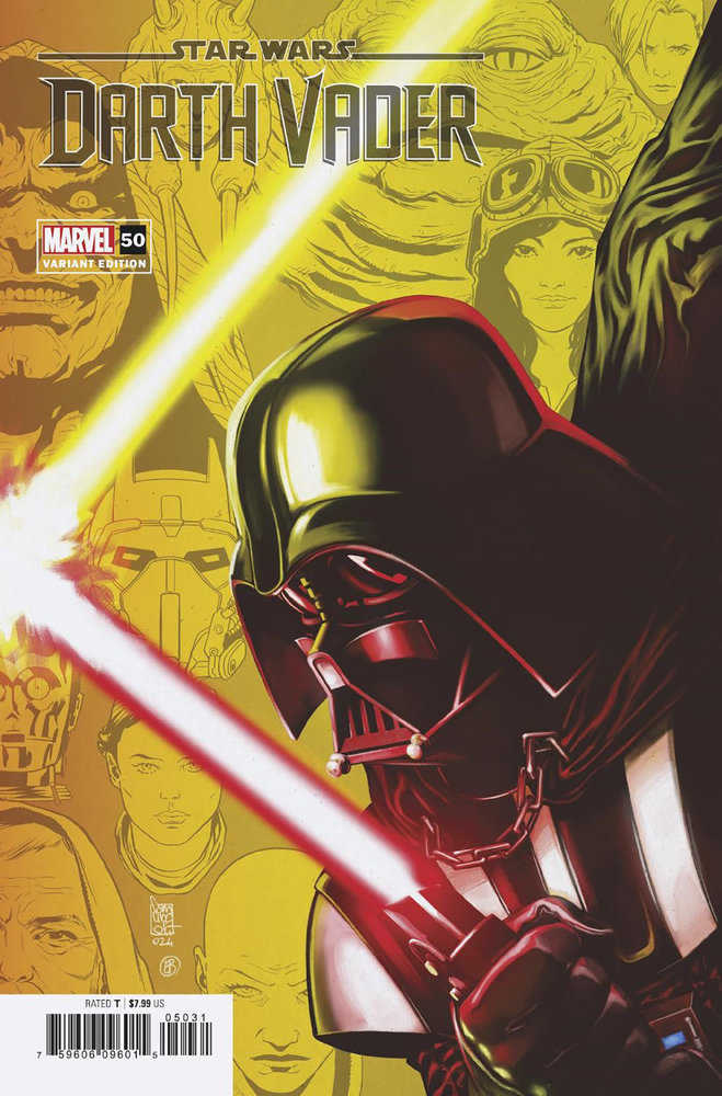Comic book cover featuring Darth Vader holding a red lightsaber with yellow background illustrations of other Star Wars characters.