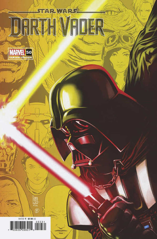 Comic book cover featuring Darth Vader holding a red lightsaber with yellow background illustrations of other Star Wars characters.