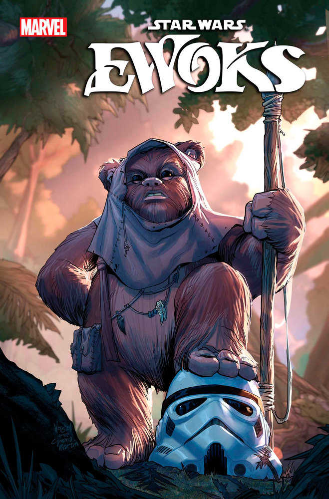 Comic book cover of "Star Wars: Ewoks" by Marvel, featuring a brown Ewok in a light blue hood, standing with a staff and foot on a white Stormtrooper helmet in a forest setting.