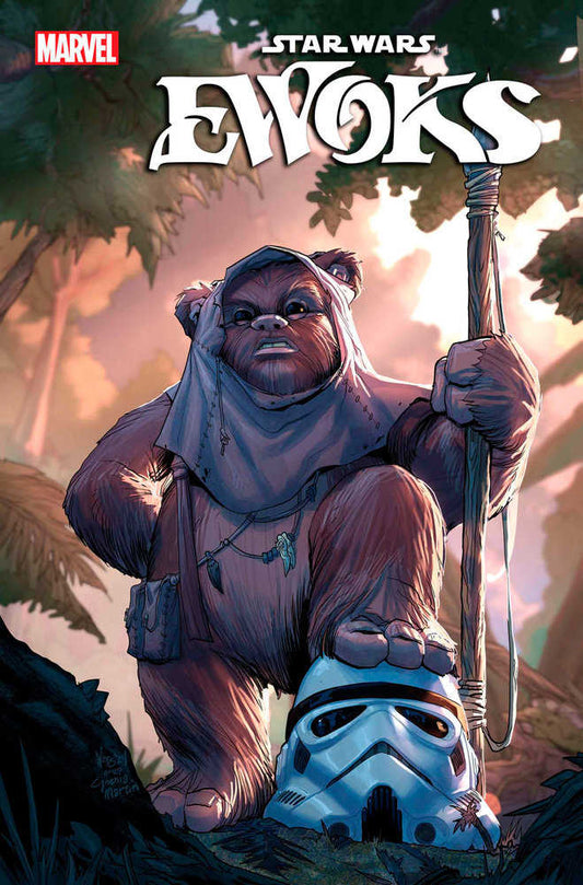 Comic book cover of "Star Wars: Ewoks" by Marvel, featuring a brown Ewok in a light blue hood, standing with a staff and foot on a white Stormtrooper helmet in a forest setting.