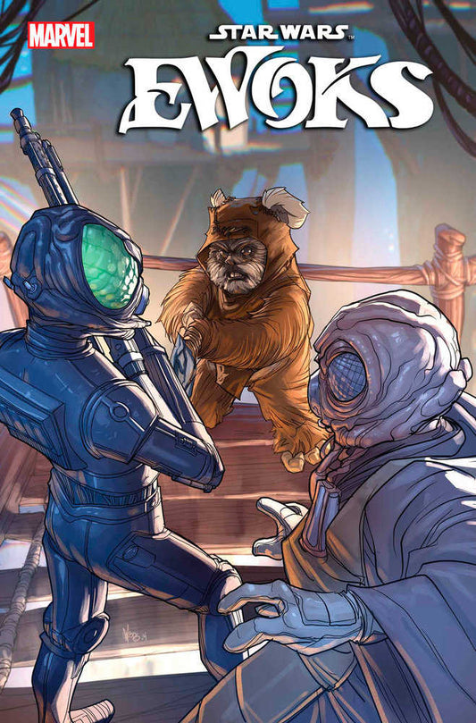 Comic book cover: Star Wars Ewoks with an angry Ewok holding a knife behind a blue-suited figure with a large green bubble head, facing a cloaked figure with a mesh-patterned face, on a wooden-floored structure with ropes.