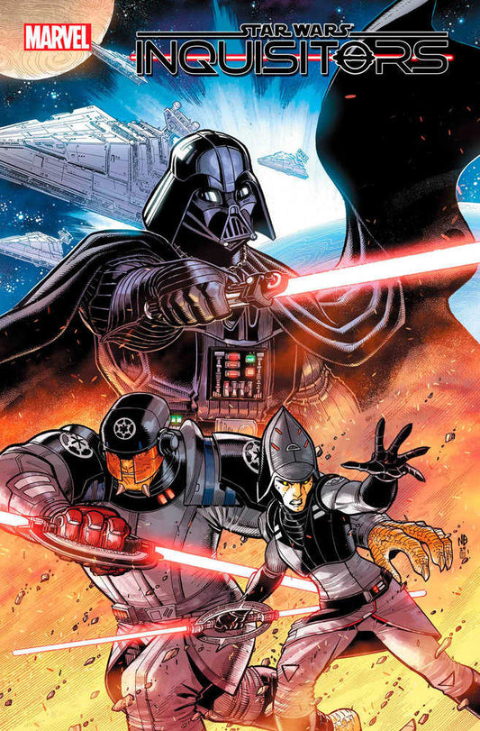 Comic book cover featuring Darth Vader wielding a red lightsaber, flanked by two Inquisitors with rotating double-bladed lightsabers, with spaceships and a planet in the background.