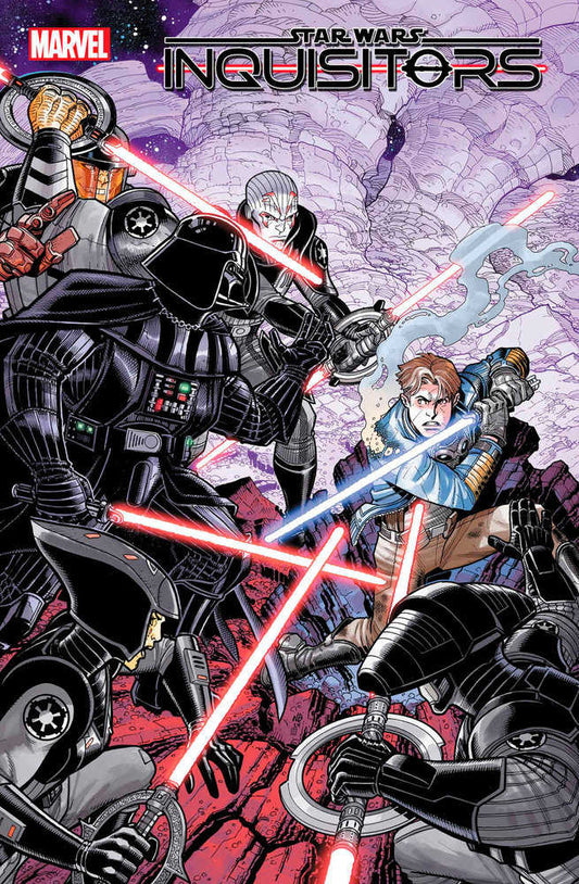 Comic book cover of "Star Wars: Inquisitors" featuring a group of figures with lightsabers in a mountainous, purple-toned setting.