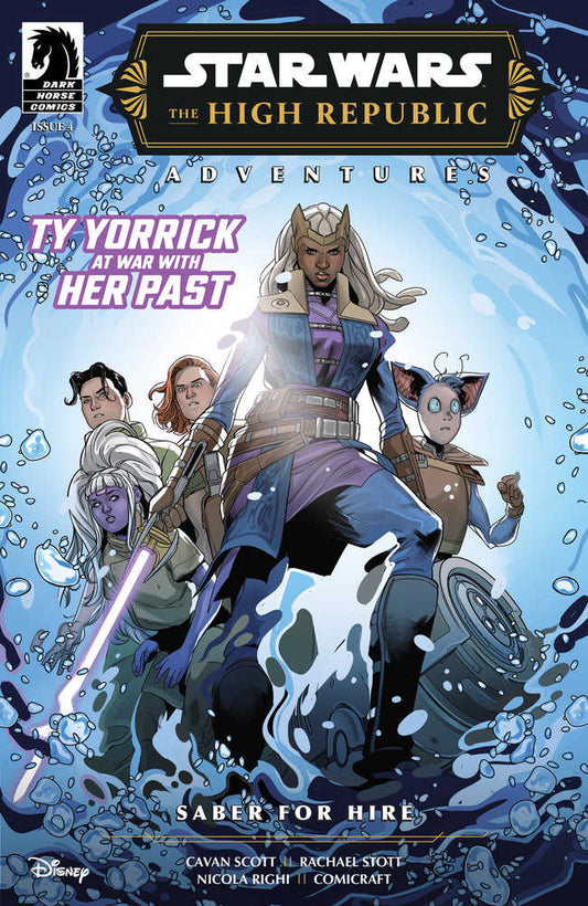 Comic book cover featuring characters from "Star Wars: The High Republic Adventures" in blue and purple hues.