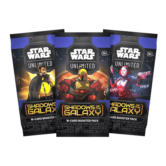 Three packs of Star Wars Unlimited: Shadows of the Galaxy booster packs, featuring character art.