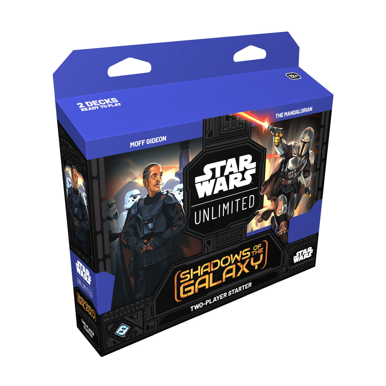 A box of the Star Wars Unlimited Shadows of the Galaxy two-player starter card game featuring Moff Gideon and The Mandalorian on the box.
